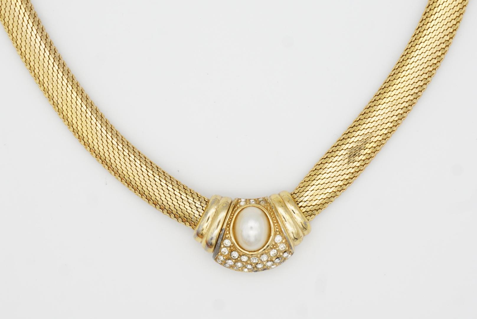 Christian Dior Vintage 1980s Oval Pearl Crystals Button Snake Omega Necklace 6