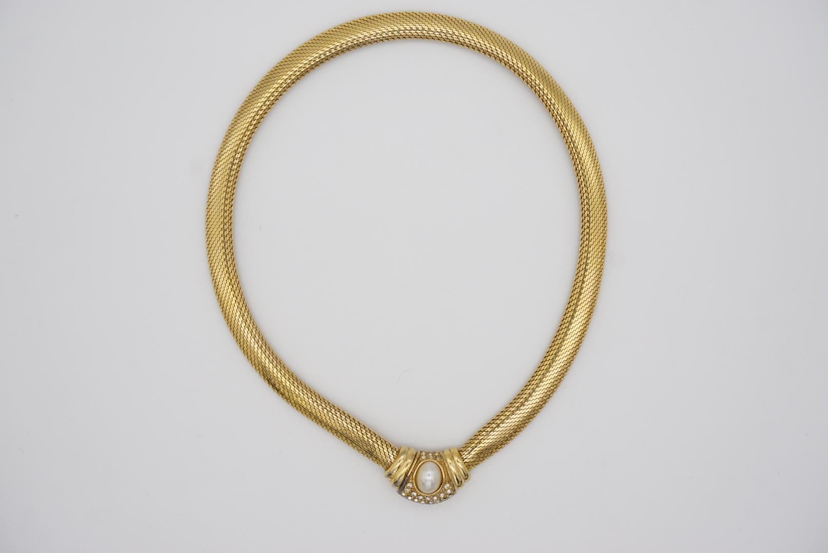 Christian Dior Vintage 1980s Oval Pearl Crystals Button Snake Omega Necklace 7