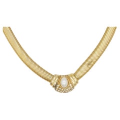 Christian Dior Vintage 1980s Oval Pearl Crystals Button Snake Omega Necklace