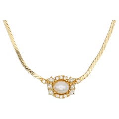 Christian Dior Vintage 1980s Oval Pearl Flower Crystals Gold Pendant Necklace