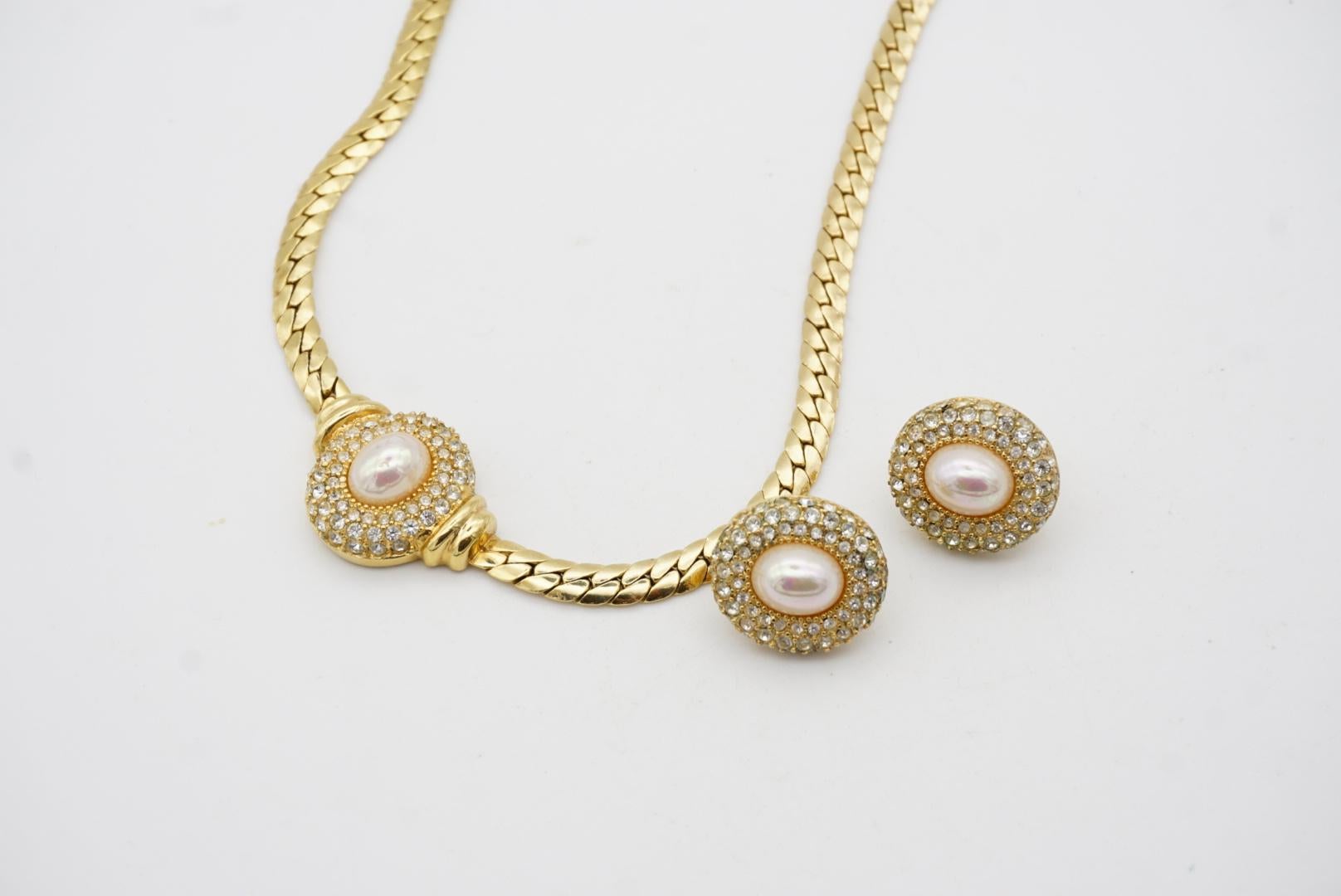 Christian Dior Vintage 1980s Oval White Pearl Crystals 2 Set Necklace Earrings For Sale 8