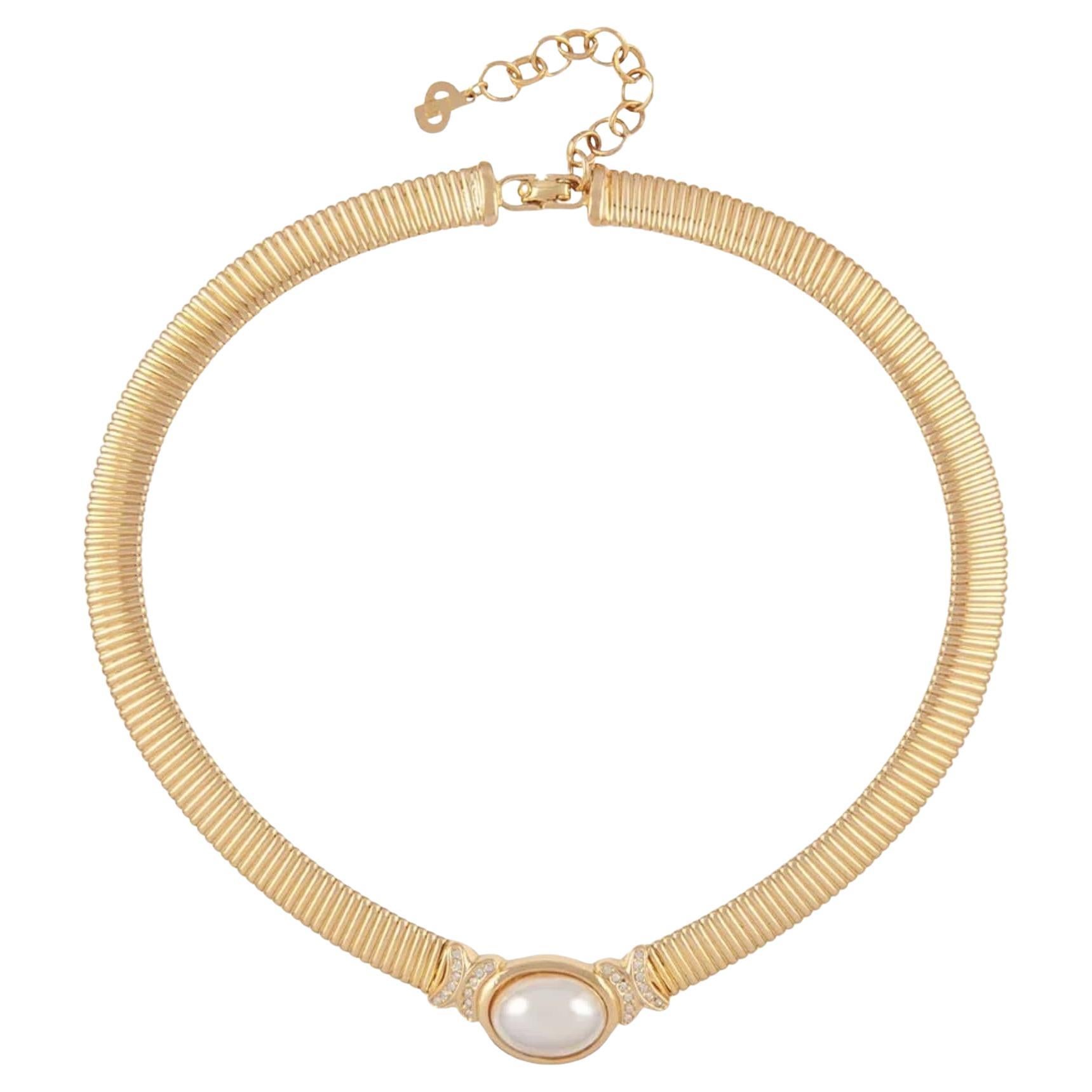 Christian Dior Vintage 1980s Oval White Pearl Crystals Omega Collar Necklace