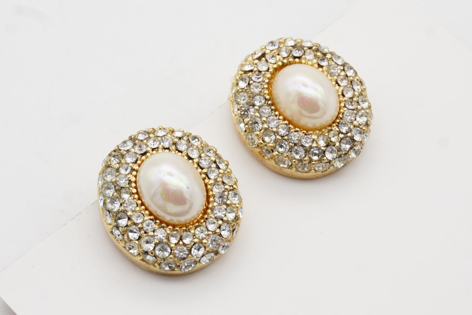Christian Dior Vintage 1980s Oval White Pearl Shining Crystals Clip On Earrings For Sale 6