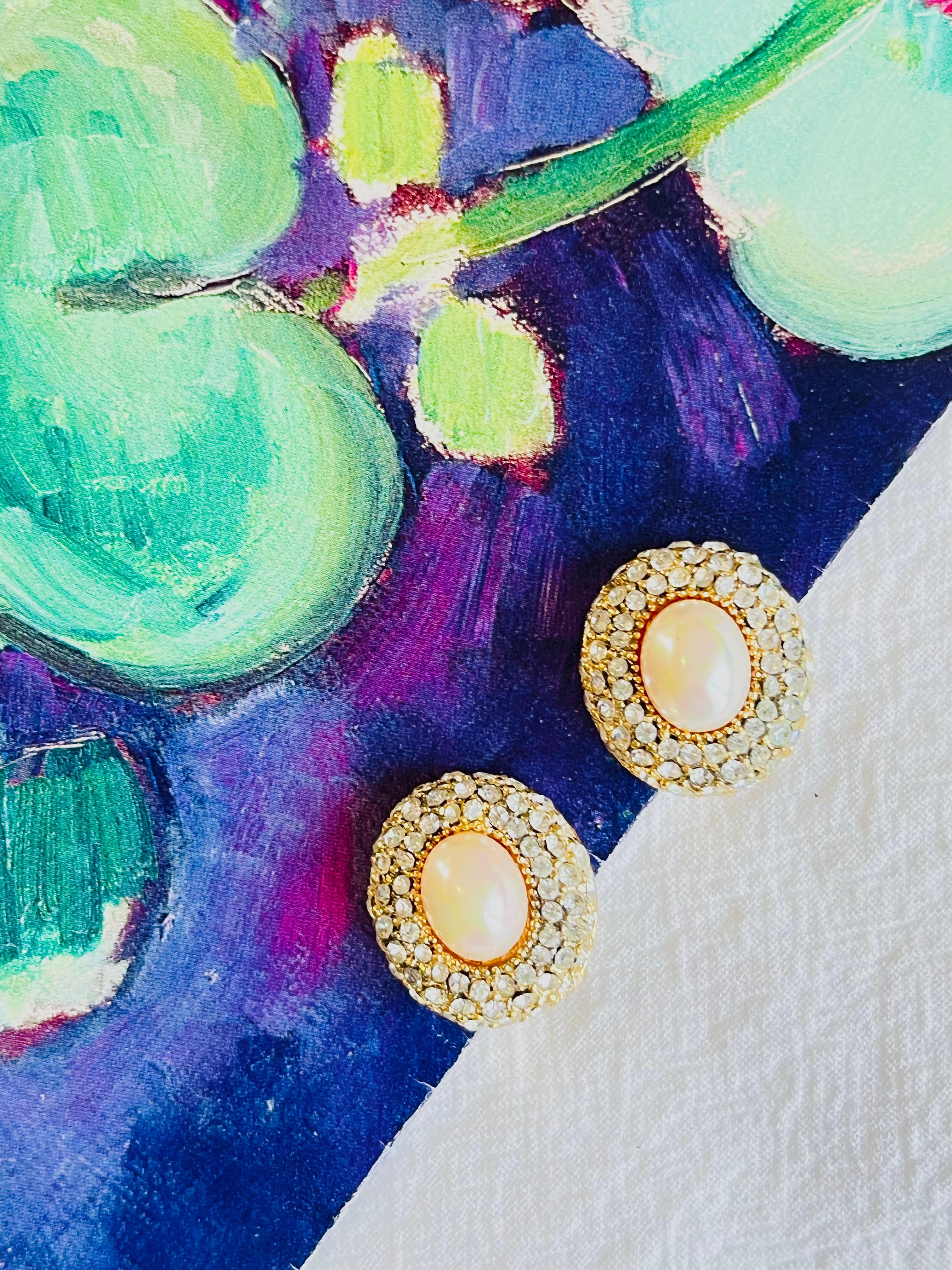 Art Deco Christian Dior Vintage 1980s Oval White Pearl Shining Crystals Clip On Earrings For Sale
