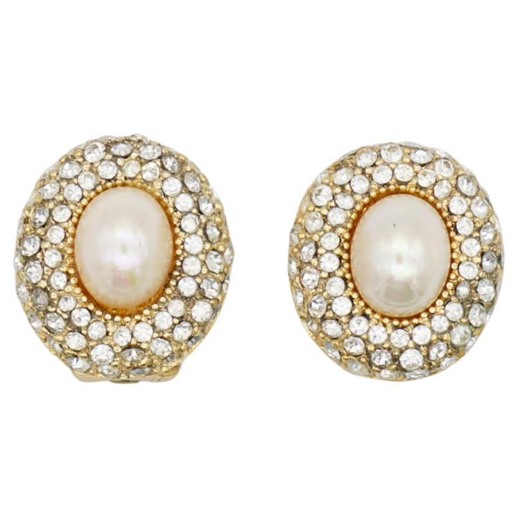 Christian Dior Vintage 1980s Oval White Pearl Shining Crystals Clip On Earrings For Sale