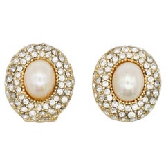Christian Dior Vintage 1980s Oval White Pearl Shining Crystals Clip On Earrings