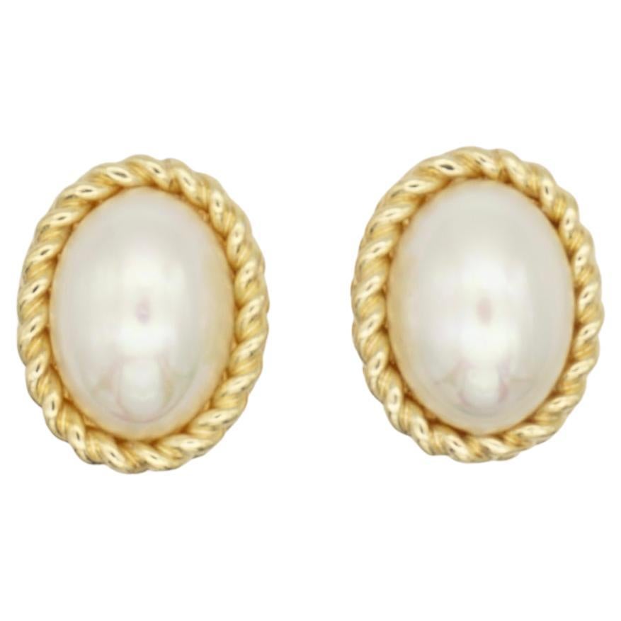 Christian Dior Vintage 1980s Oval White Pearl Swirl Twist Gold Clip On Earrings  For Sale
