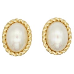 Christian Dior Vintage 1980s Oval White Pearl Swirl Twist Gold Clip On Earrings 