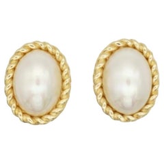 Christian Dior Vintage 1980s Oval White Pearl Swirl Twist Gold Clip On Earrings
