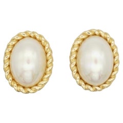 Christian Dior Vintage 1980er Jahre Oval Weiß Perlen Wirbel Twist Gold Clip-On-Ohrringe