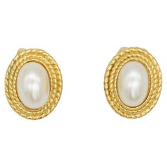 Christian Dior Vintage 1980s Oval White Pearl Triple Swirl Layer Clip Earrings
