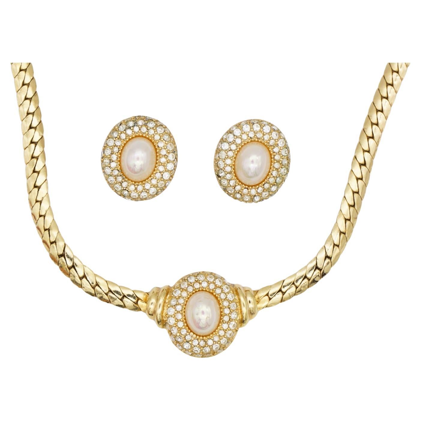 Christian Dior Vintage 1980s Oval White Pearl Whole Crystals Gold Pendant 2 Set
