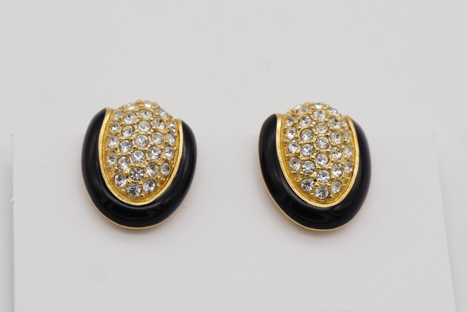 Christian Dior Vintage 1980s Oval Whole Crystal Black Enamel Gold Clip Earrings For Sale 5