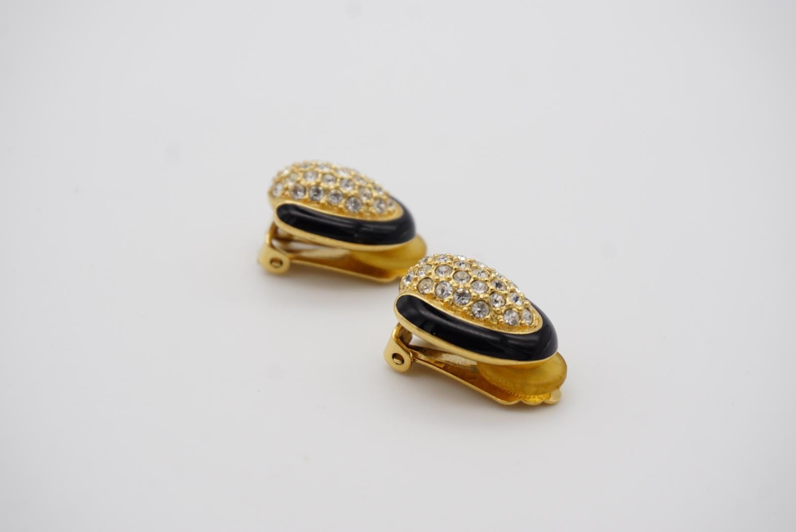 Christian Dior Vintage 1980s Oval Whole Crystal Black Enamel Gold Clip Earrings For Sale 6