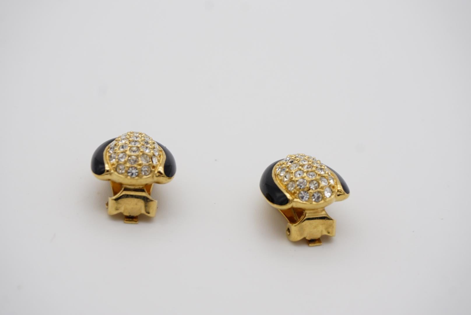 Christian Dior Vintage 1980s Oval Whole Crystal Black Enamel Gold Clip Earrings For Sale 7