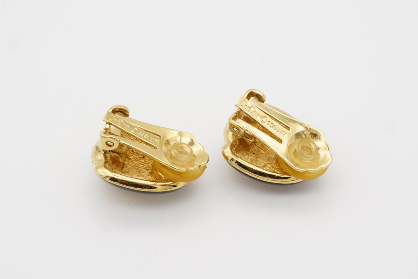 Christian Dior Vintage 1980s Oval Whole Crystal Black Enamel Gold Clip Earrings For Sale 8