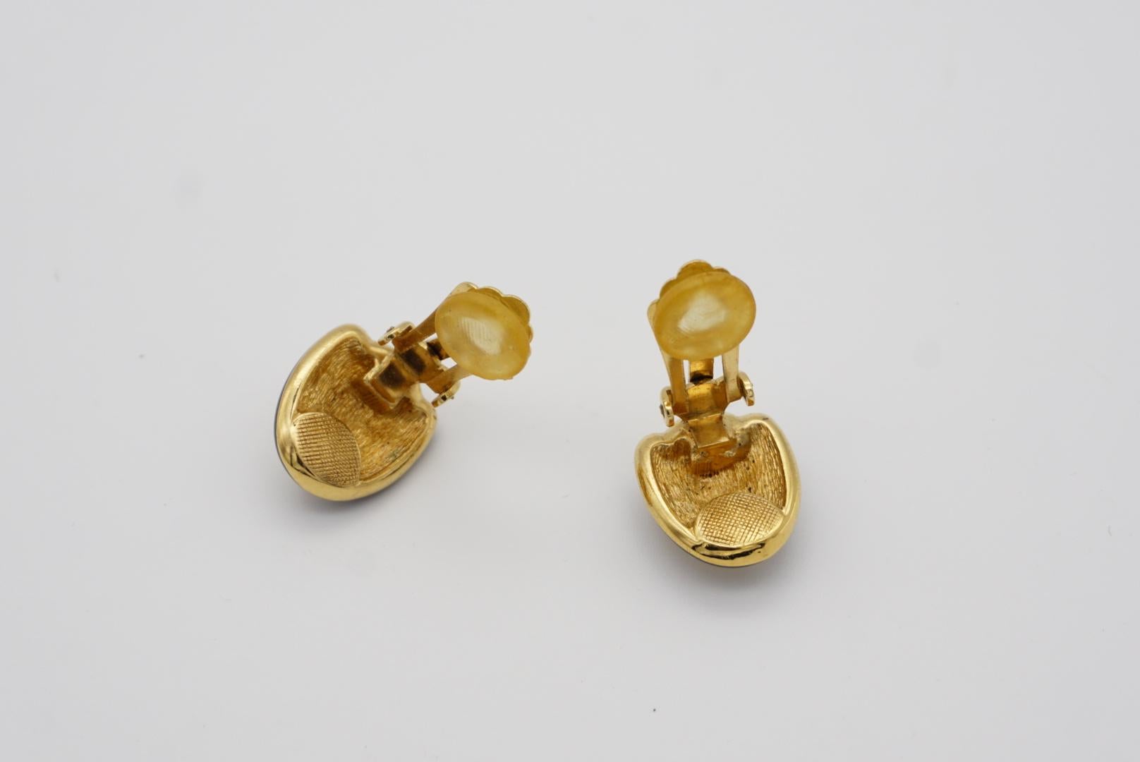 Christian Dior Vintage 1980s Oval Whole Crystal Black Enamel Gold Clip Earrings For Sale 9
