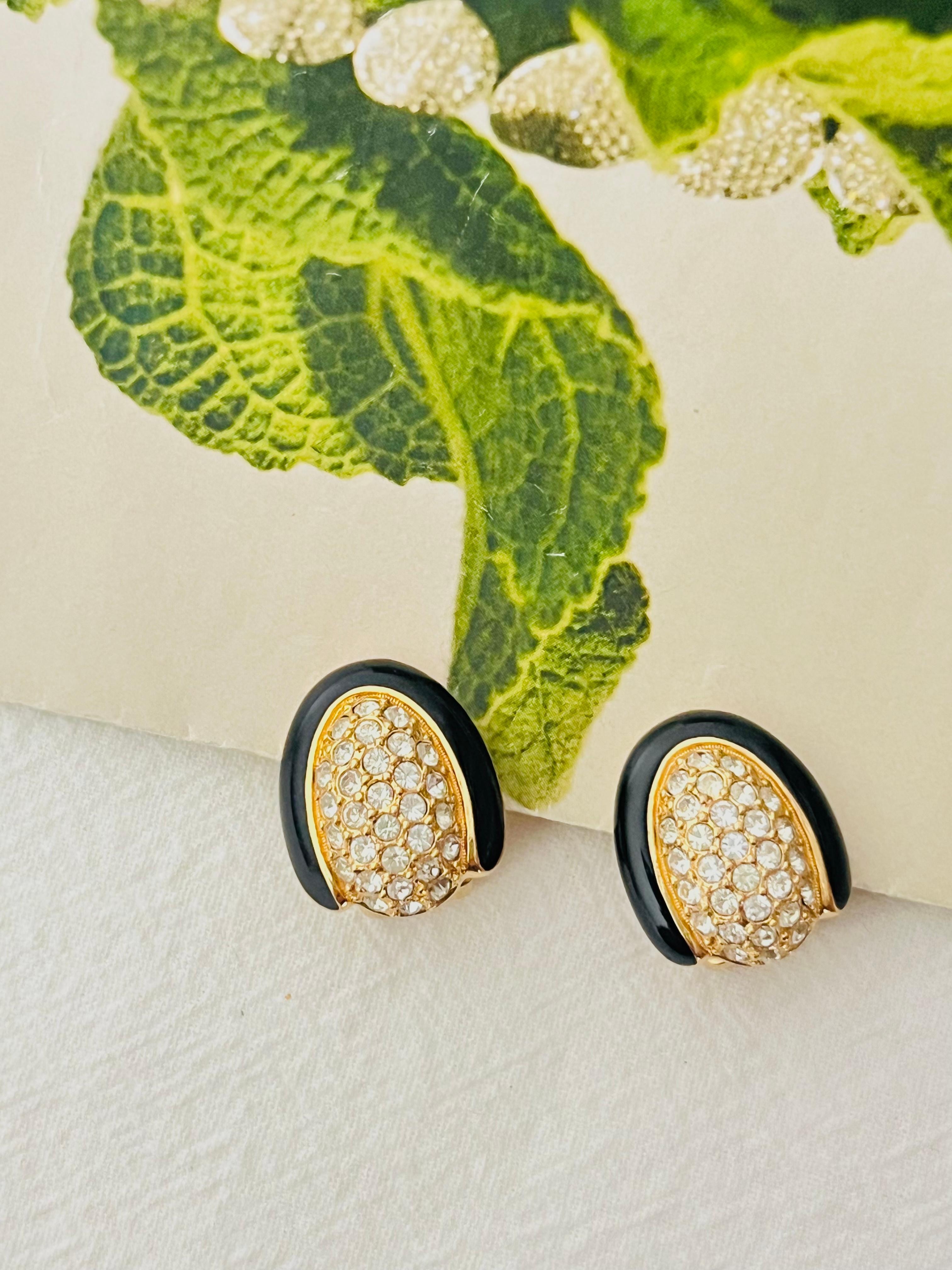 Art Deco Christian Dior Vintage 1980s Oval Whole Crystal Black Enamel Gold Clip Earrings For Sale