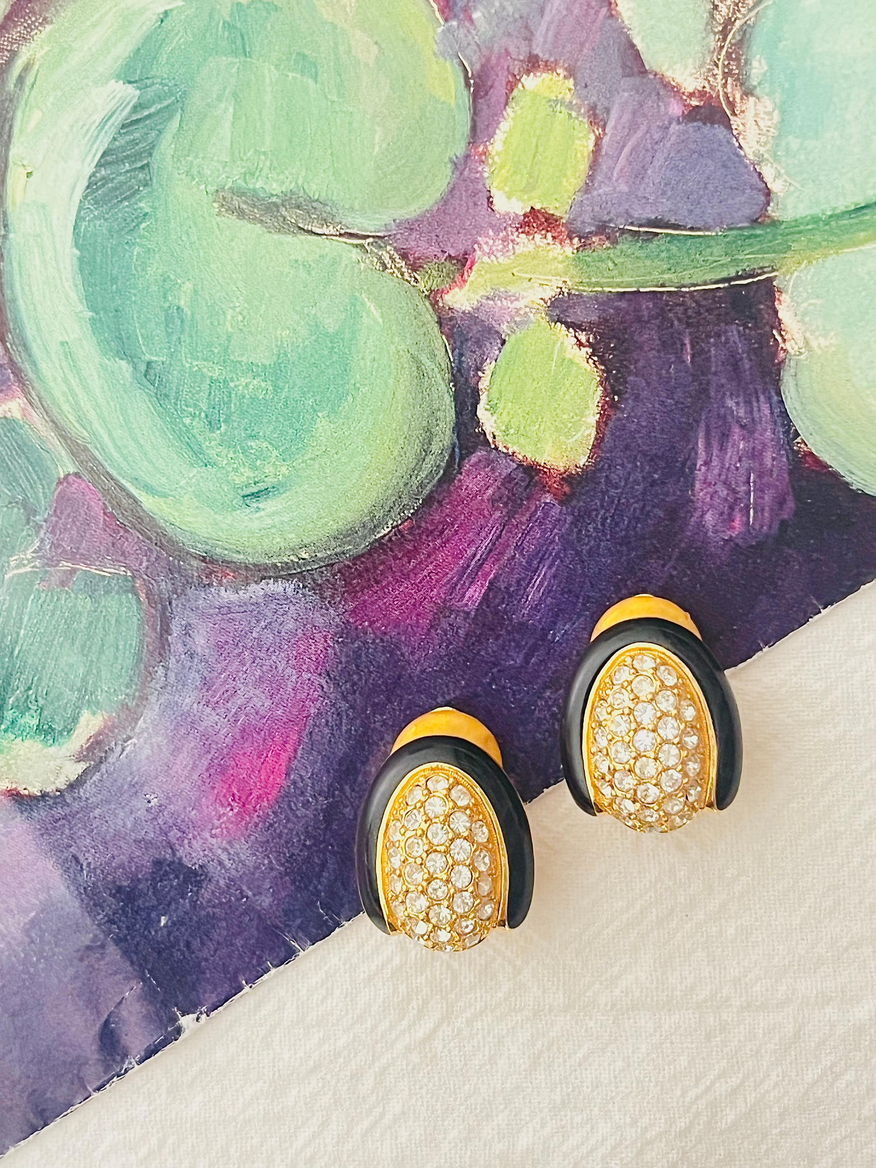 Women's or Men's Christian Dior Vintage 1980s Oval Whole Crystal Black Enamel Gold Clip Earrings For Sale