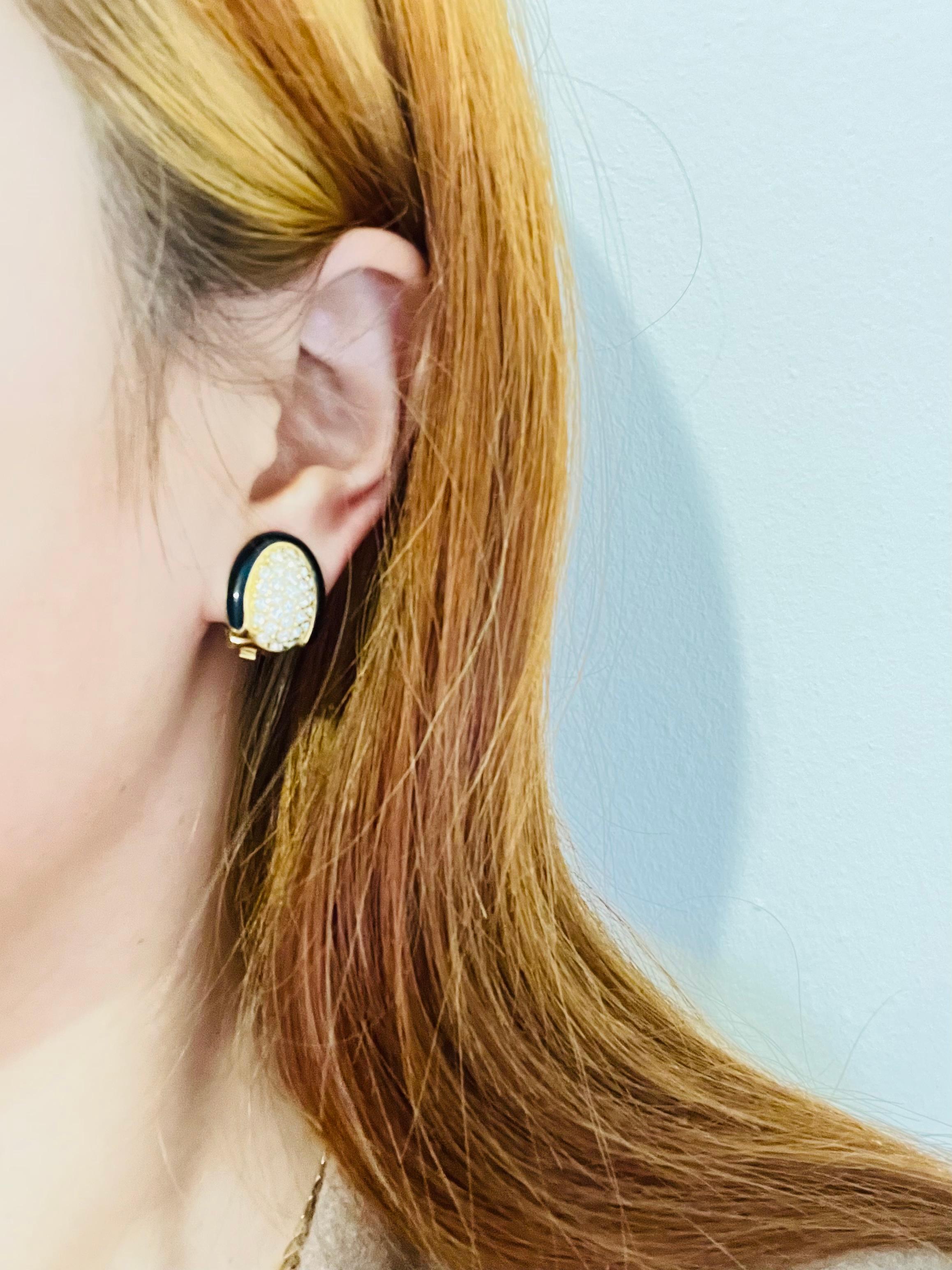 Christian Dior Vintage 1980s Oval Whole Crystal Black Enamel Gold Clip Earrings For Sale 2