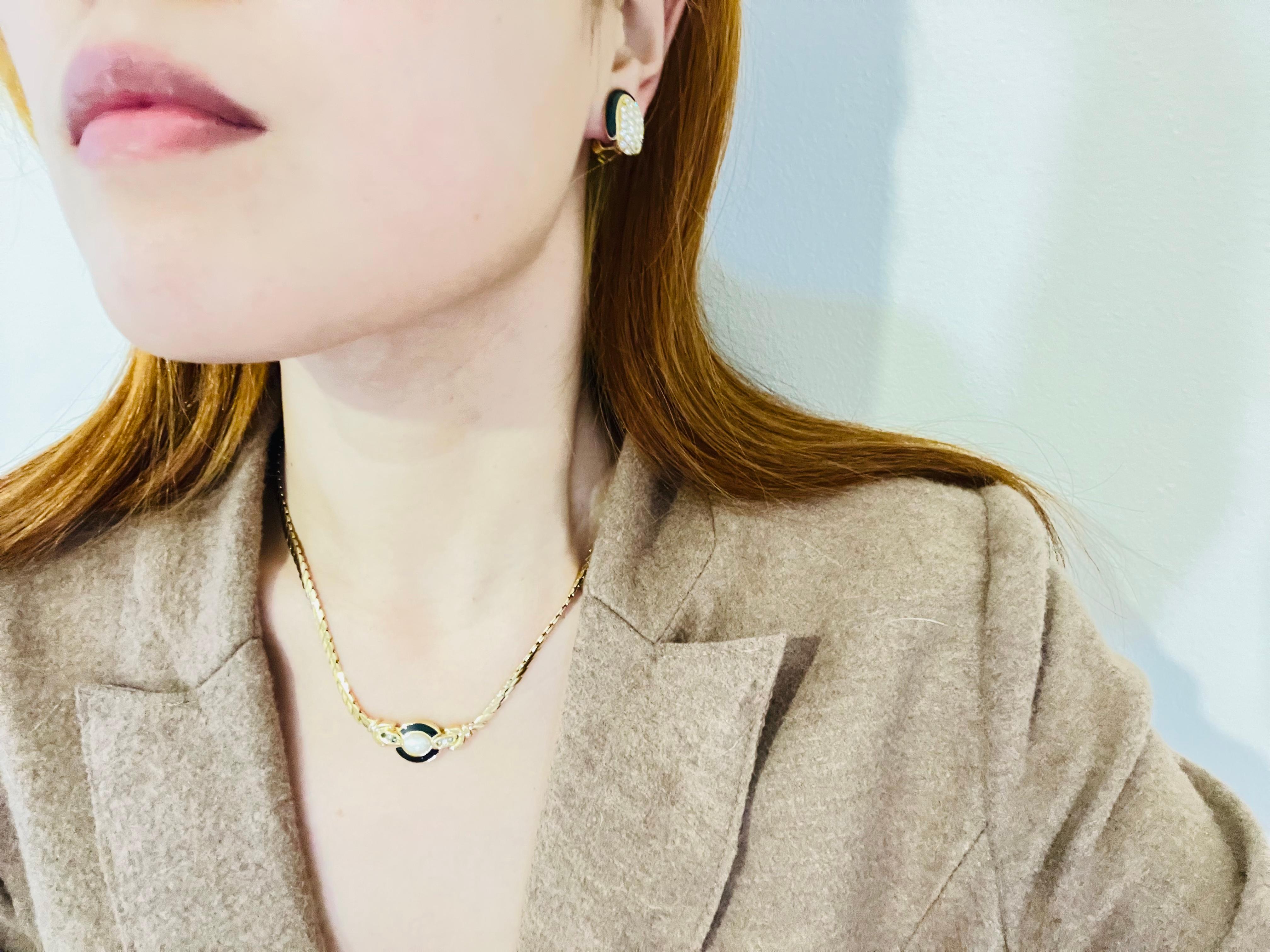 Christian Dior Vintage 1980s Oval Whole Crystal Black Enamel Gold Clip Earrings For Sale 3