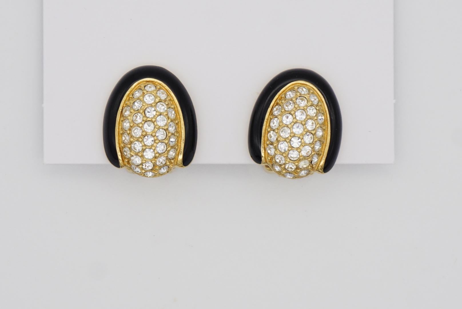 Christian Dior Vintage 1980s Oval Whole Crystal Black Enamel Gold Clip Earrings For Sale 4