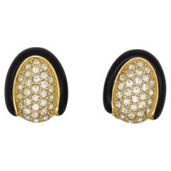 Christian Dior Vintage 1980s Oval Whole Crystal Black Enamel Gold Clip Earrings