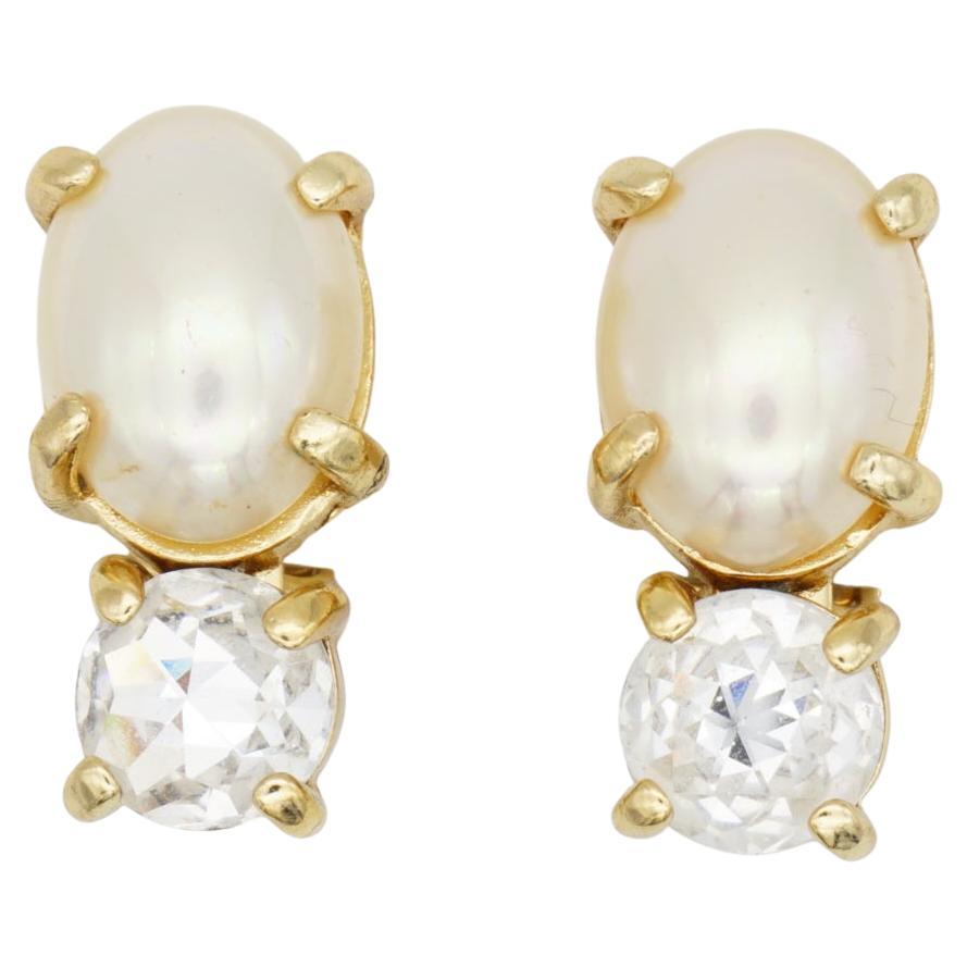 Christian Dior Vintage 1980s Pearl Crystal White Oval Drop Circle Clip Earrings
