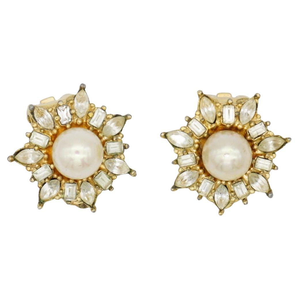 Christian Dior Vintage 1980s Pearl Crystals Radiant Flower Snowflake Earrings For Sale