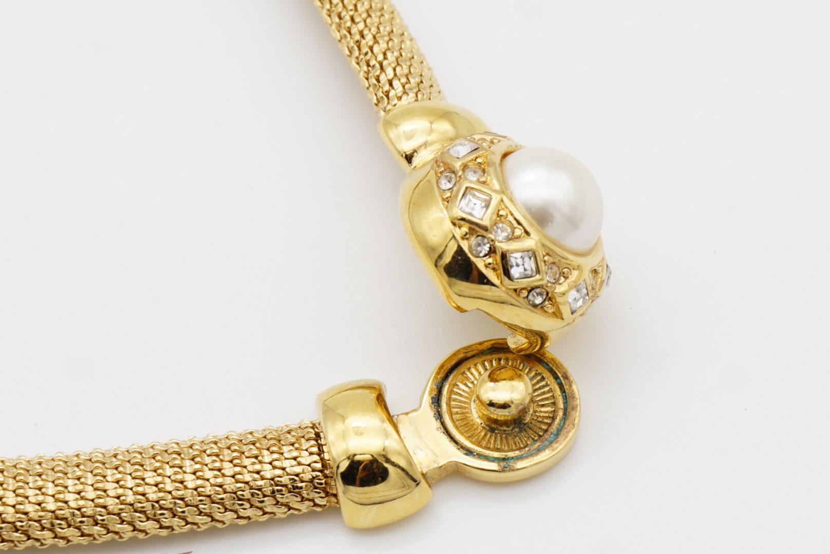 Christian Dior Vintage 1980er Jahre Perle Quadratische Kristalle Knopf Omega Mesh Halskette im Angebot 5