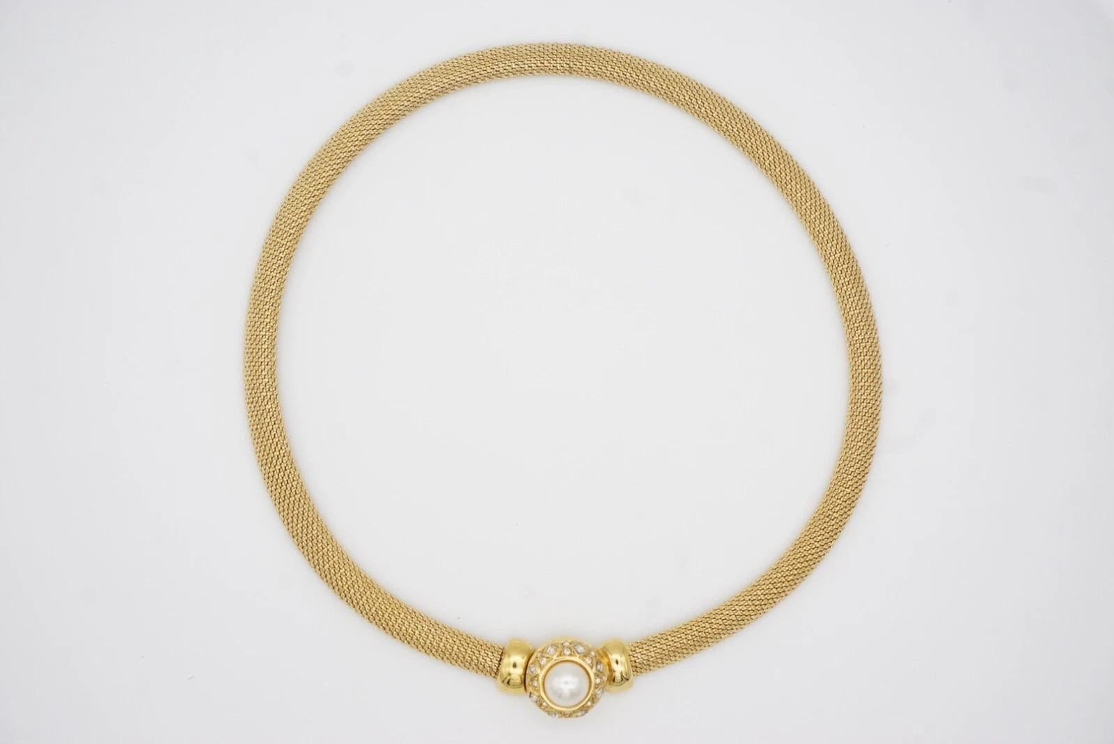 Christian Dior Vintage 1980er Jahre Perle Quadratische Kristalle Knopf Omega Mesh Halskette im Angebot 8