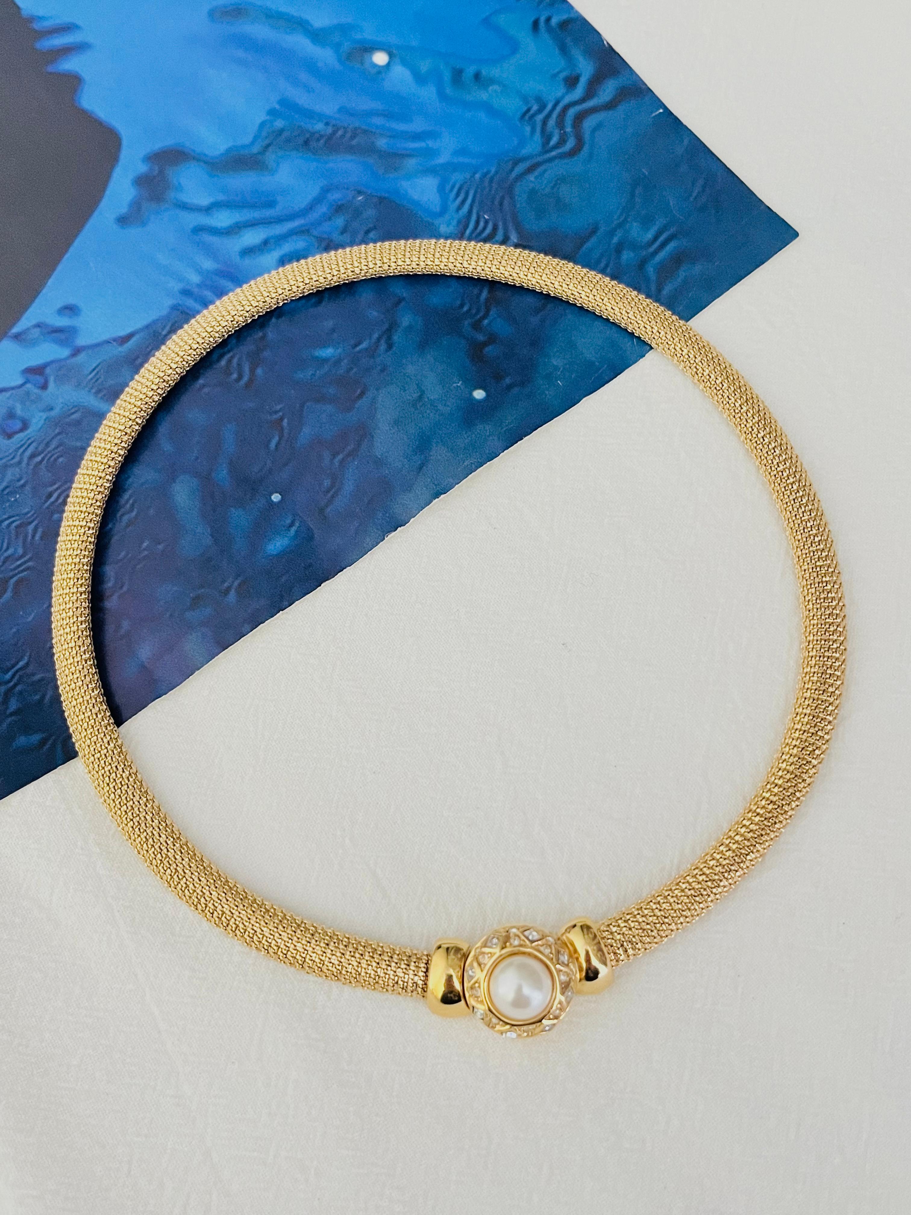 Christian Dior Vintage 1980er Jahre Perle Quadratische Kristalle Knopf Omega Mesh Halskette (Art déco) im Angebot
