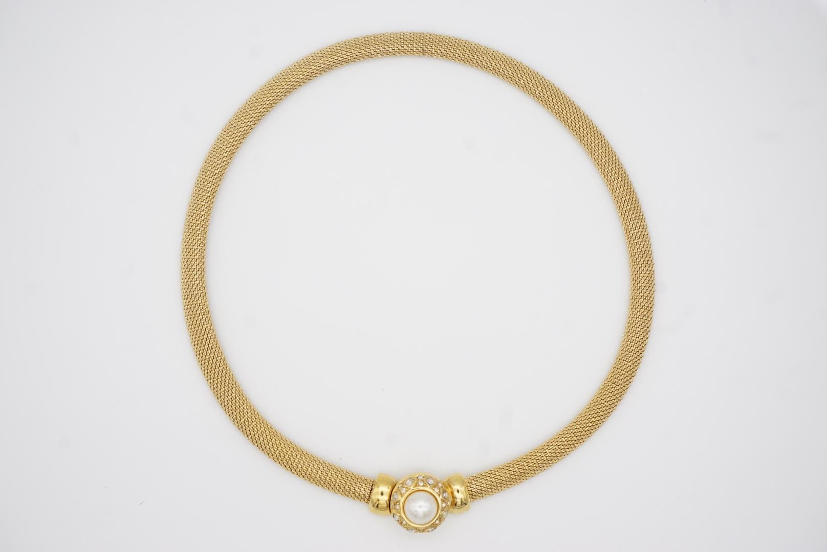 Christian Dior Vintage 1980s Pearl Square Crystals Button Omega Mesh Necklace 2