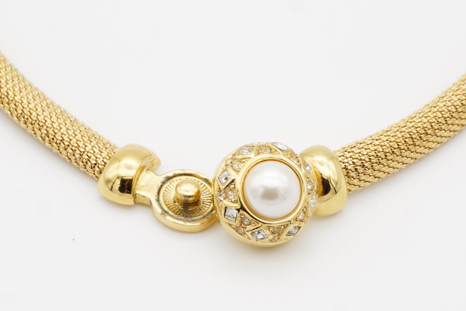 Christian Dior Vintage 1980er Jahre Perle Quadratische Kristalle Knopf Omega Mesh Halskette im Angebot 3