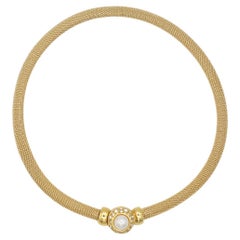 Christian Dior Vintage 1980s Pearl Square Crystals Button Omega Mesh Necklace