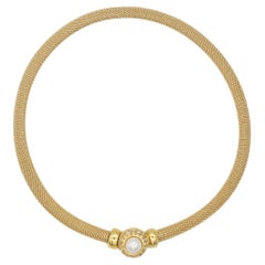 Christian Dior Vintage 1980s Pearl Square Crystals Button Omega Mesh Necklace