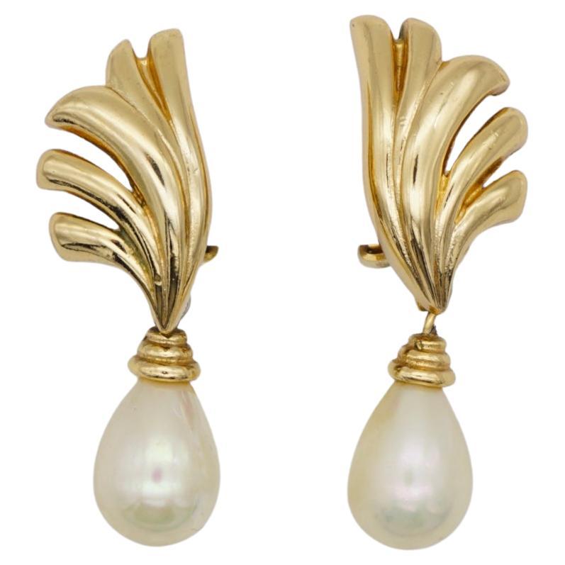 Christian Dior Vintage 1980s Pearl Water Tear Fan Shell Gold Drop Clip Earrings  For Sale