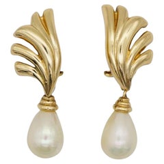 Christian Dior Vintage Años 80 Lágrima de Perla Abanico Concha Pendientes de Oro con Clip de Gota