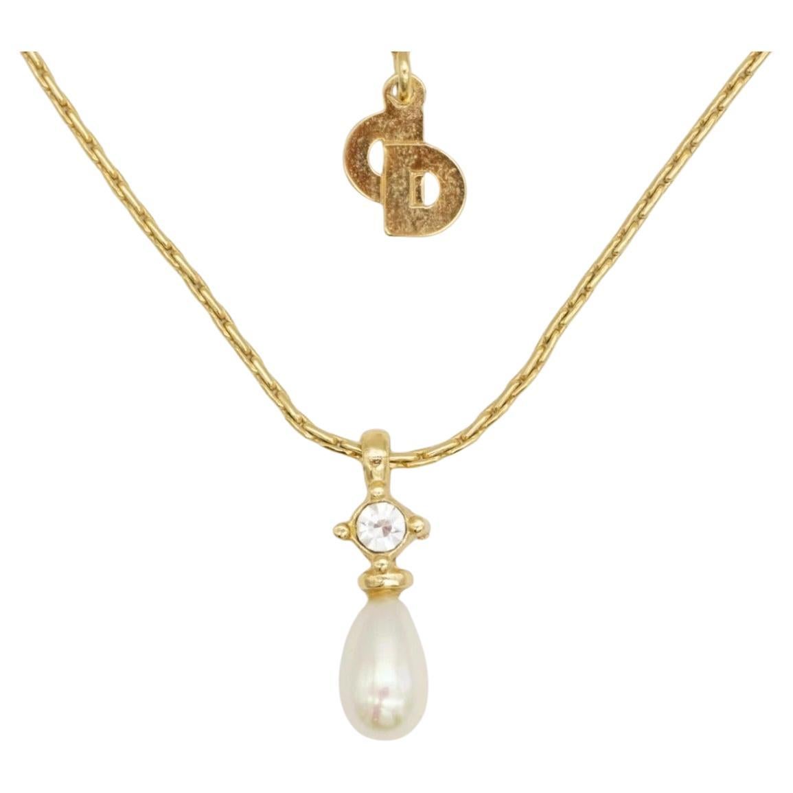 Christian Dior Vintage 1980s Pearl White Water Drop Crystal Pendant Necklace For Sale