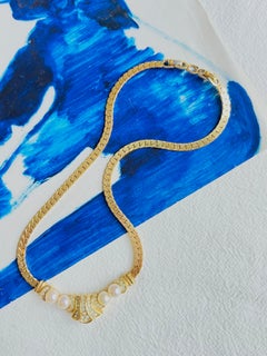 Christian Dior Vintage 1980s Pearls Crystals Double Two White Moon Fan Necklace