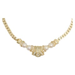 Christian Dior Vintage 1980s Pearls Crystals Double Two White Moon Fan Necklace