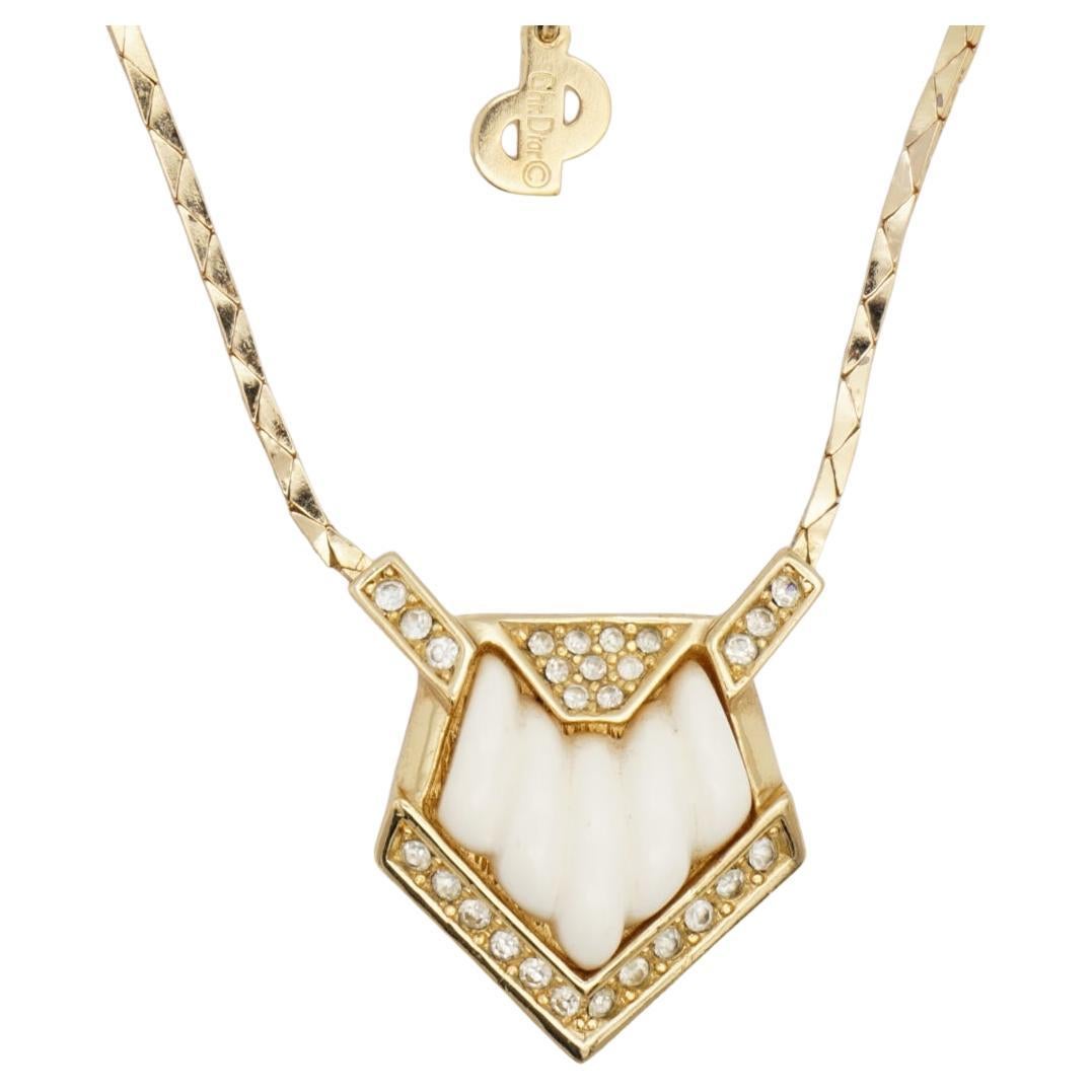 Christian Dior Vintage 1980s Pentagon Triangle White Pendant Crystals Necklace For Sale