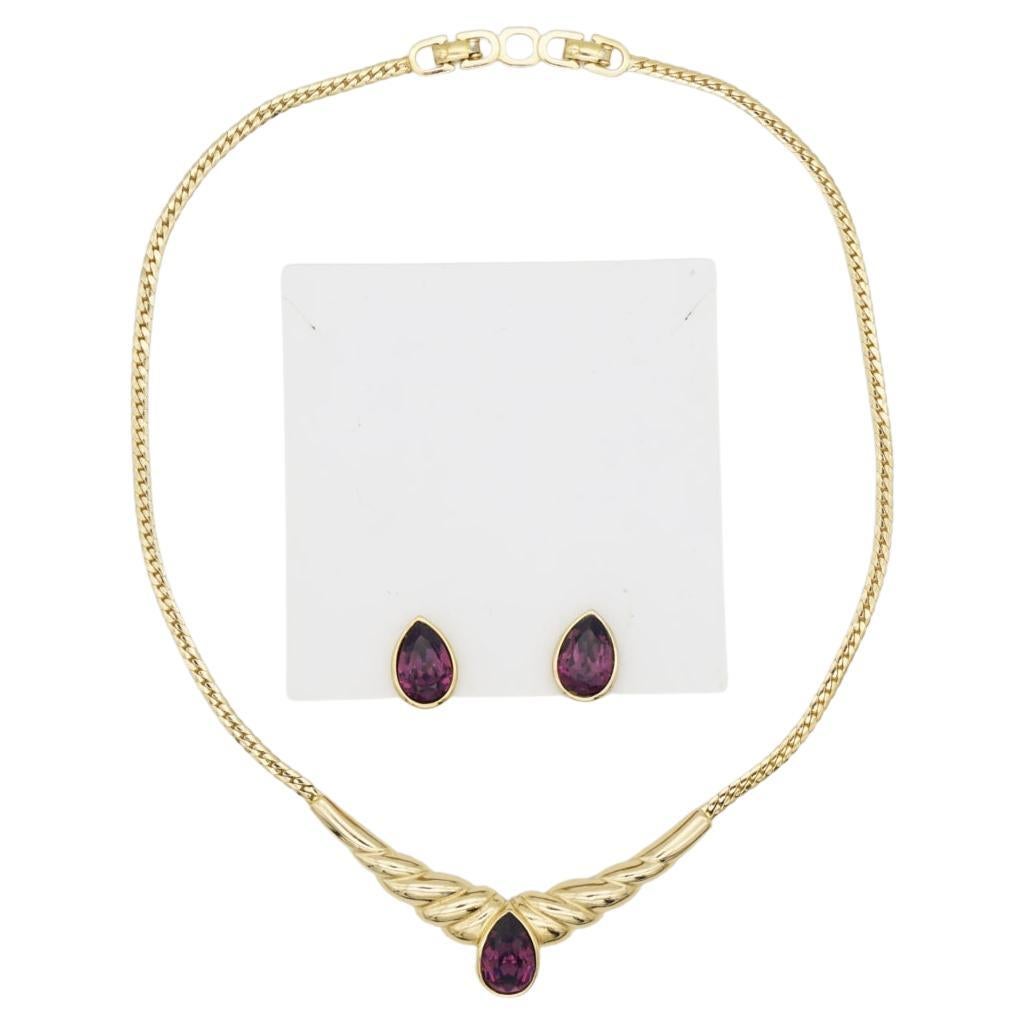 Christian Dior Vintage 1980s Purple Amethyst Tear Drop Pendant Jewellery Set en vente