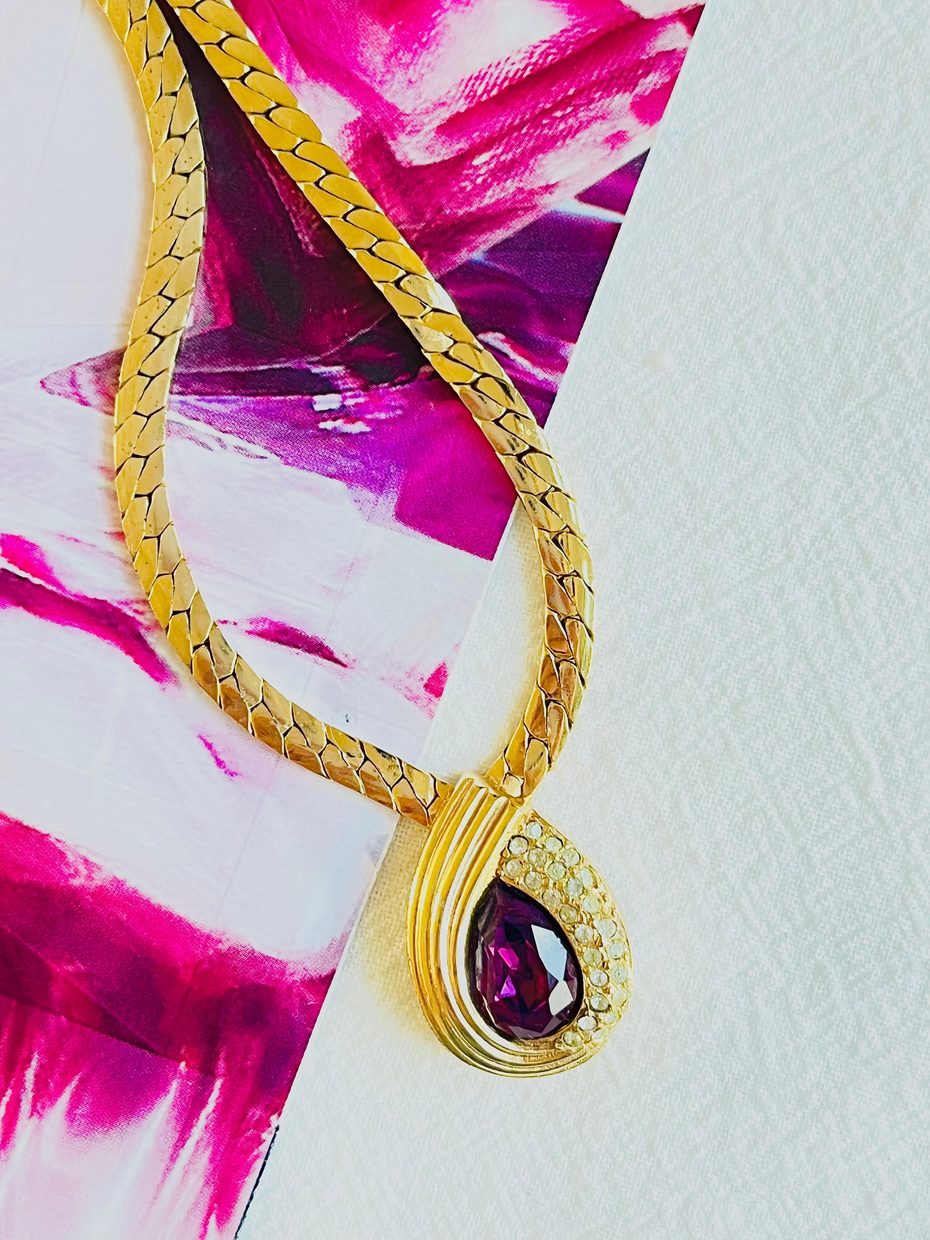 Art Deco Christian Dior Vintage 1980s Purple Crystal Amethyst Tear Drop Pendant Necklace For Sale