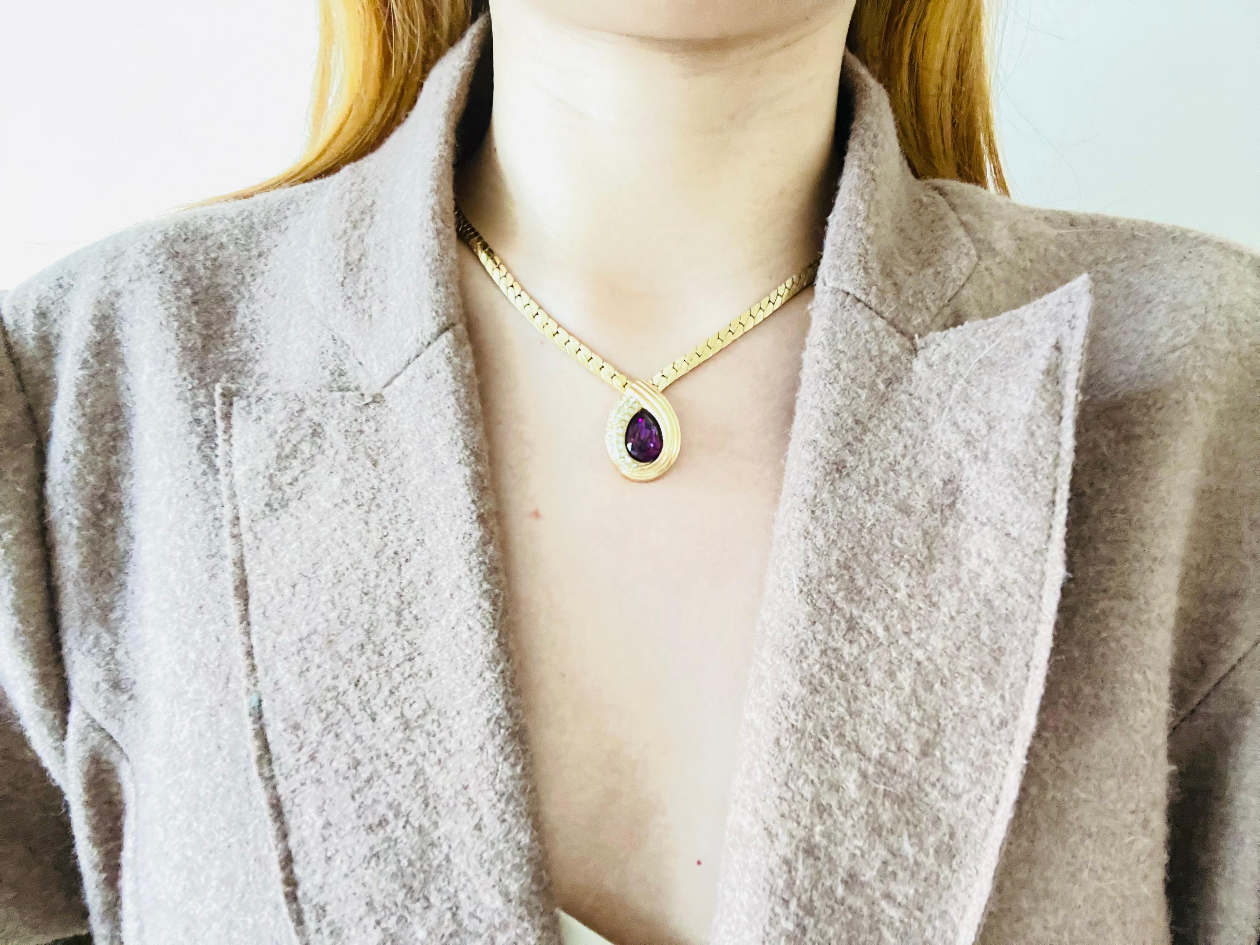 Art Nouveau Christian Dior Vintage 1980s Purple Crystal Amethyst Tear Drop Pendant Necklace For Sale