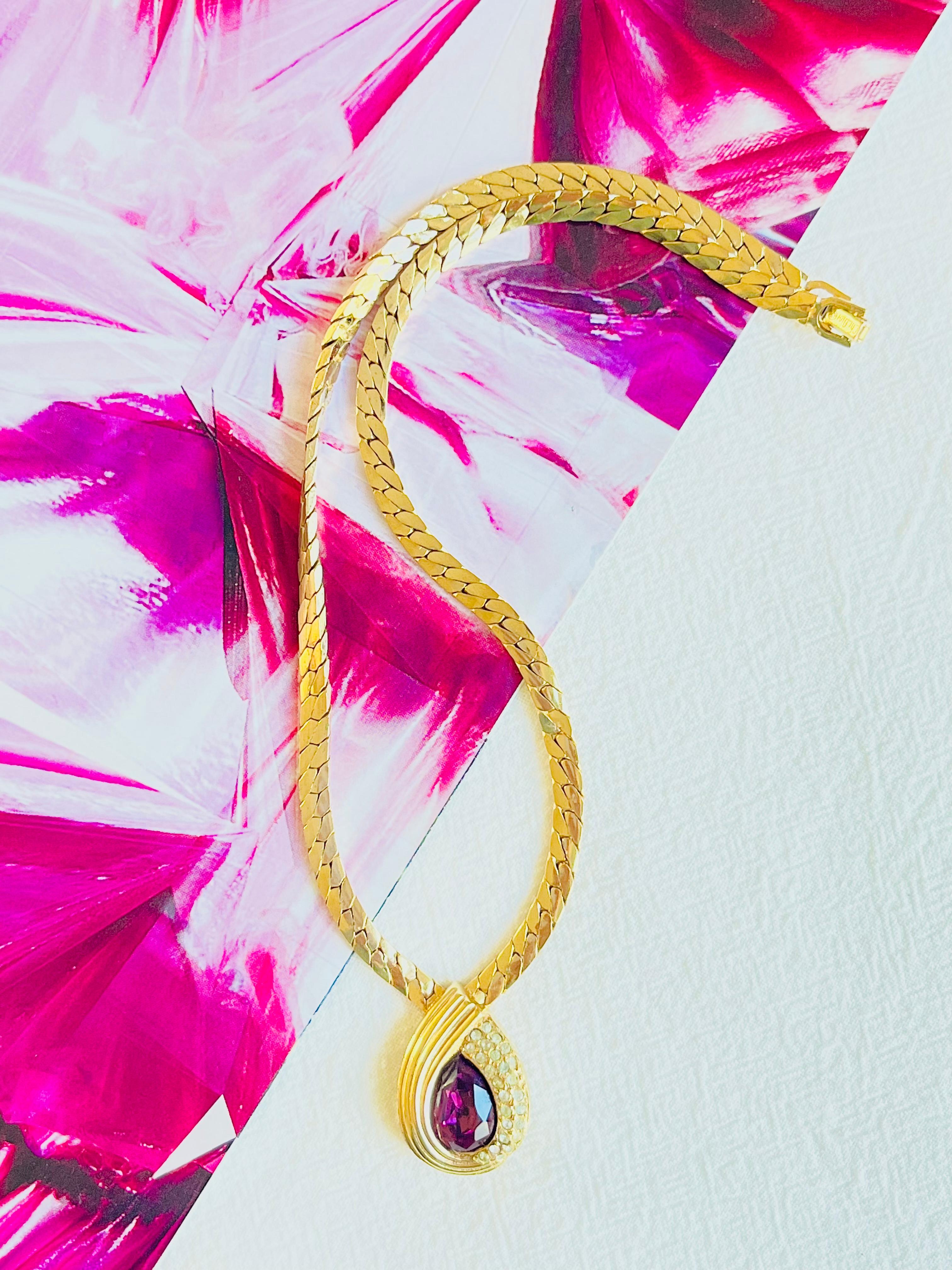 Christian Dior Vintage 1980s Purple Crystal Amethyst Tear Drop Pendant Necklace In Good Condition For Sale In Wokingham, England