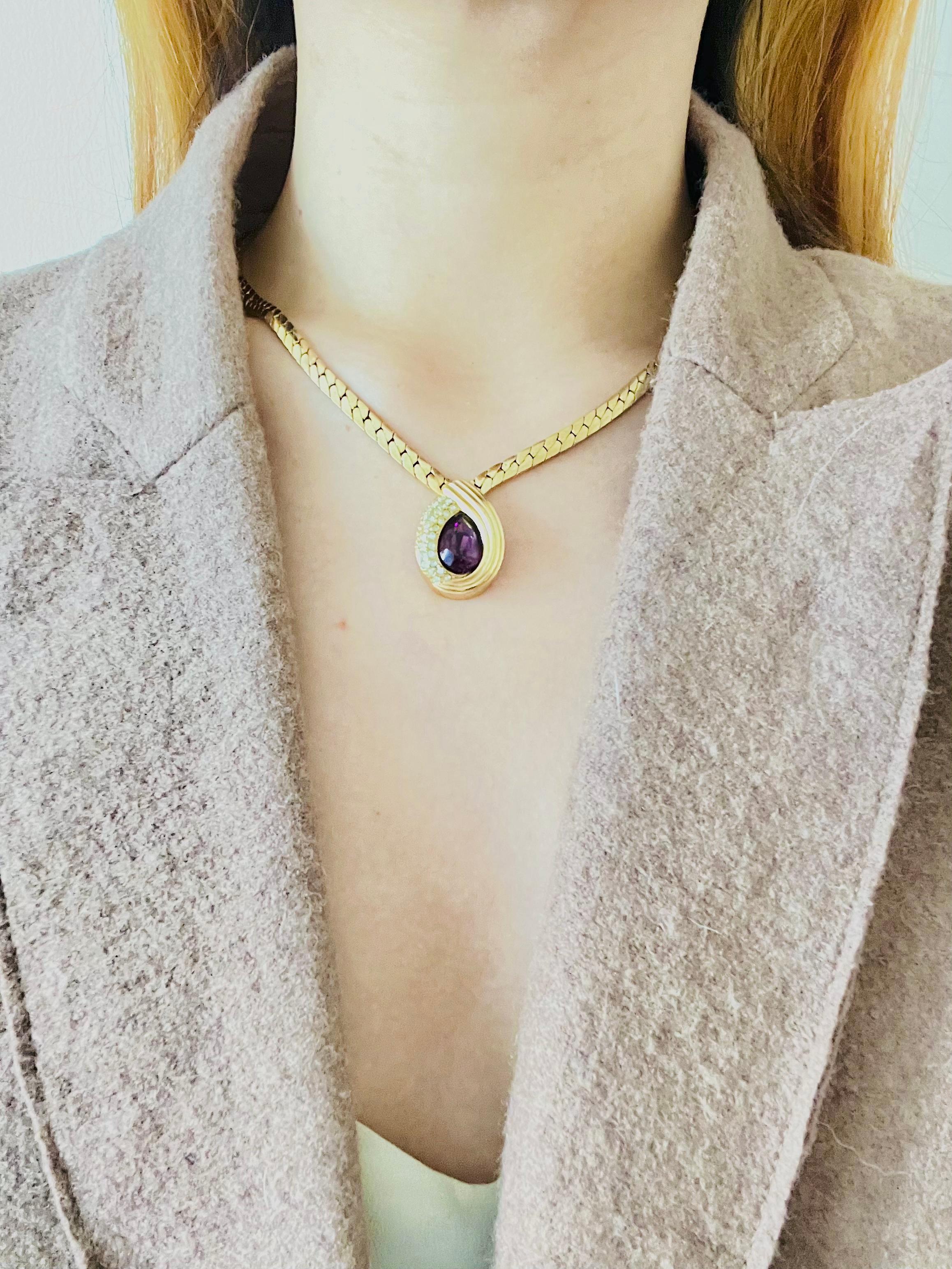 Christian Dior Vintage 1980s Purple Crystal Amethyst Tear Drop Pendant Necklace In Good Condition For Sale In Wokingham, England