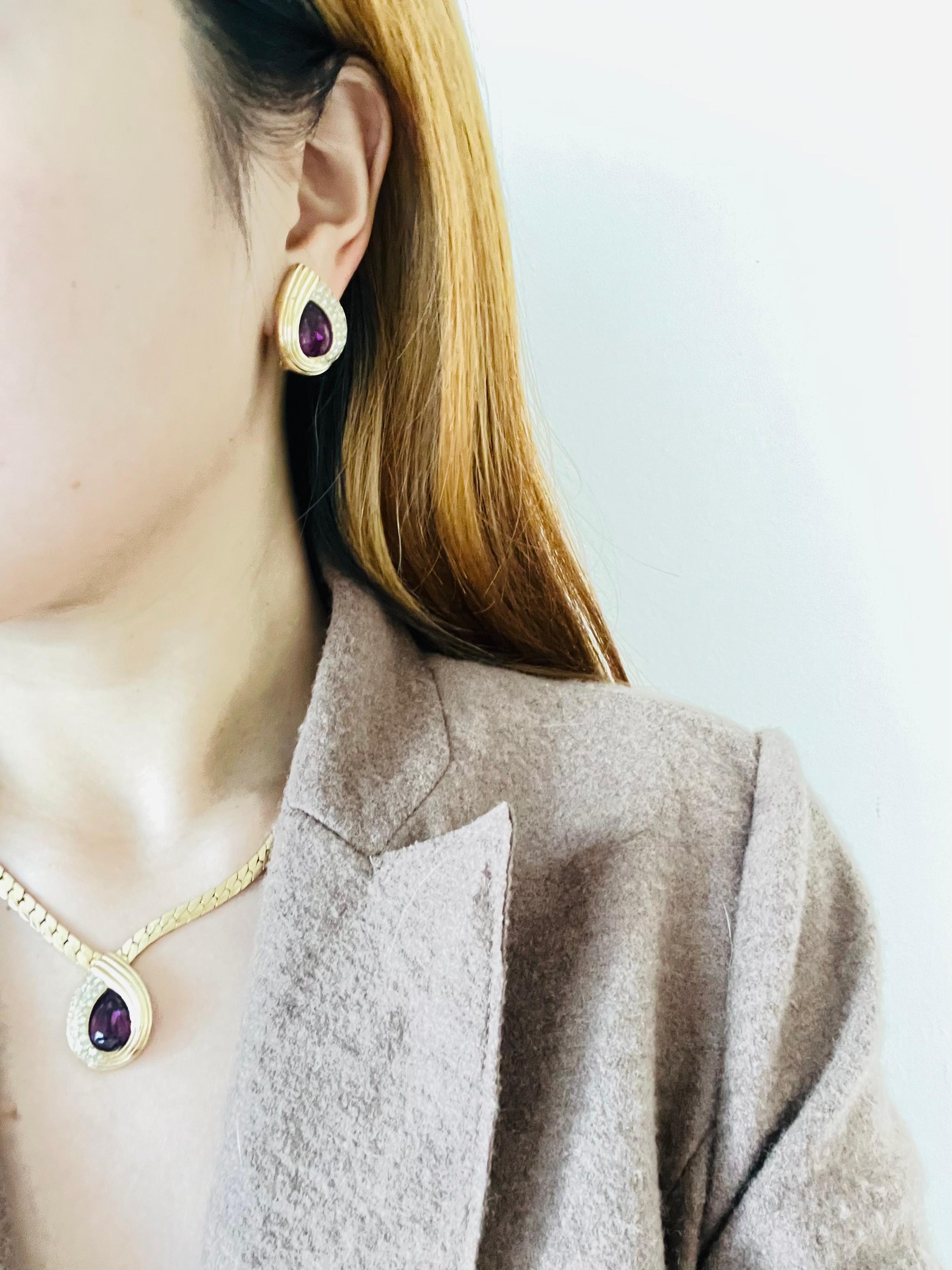 Women's or Men's Christian Dior Vintage 1980s Purple Crystal Amethyst Tear Drop Pendant Necklace For Sale