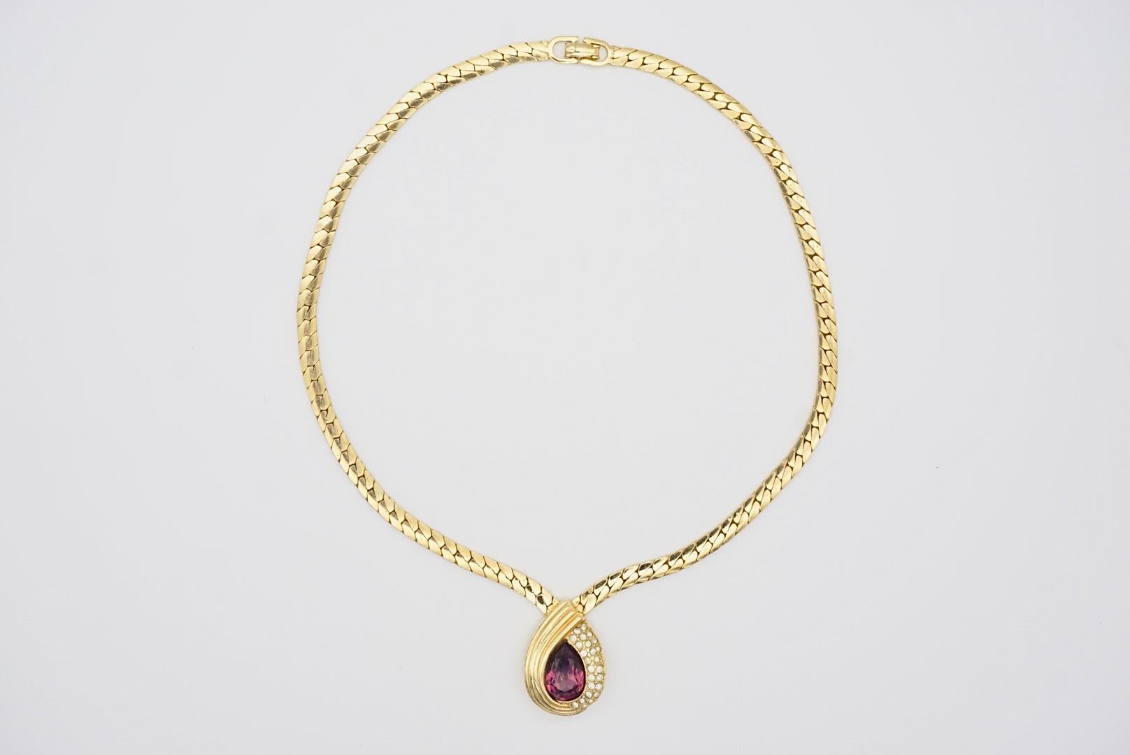 Christian Dior Vintage 1980s Purple Crystal Amethyst Tear Drop Pendant Necklace For Sale 1