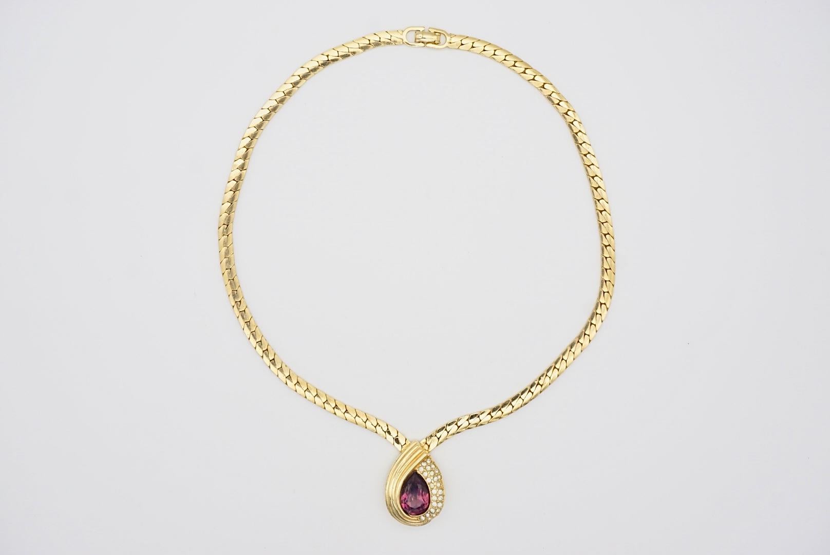 Christian Dior Vintage 1980s Purple Crystal Amethyst Tear Drop Pendant Necklace For Sale 4